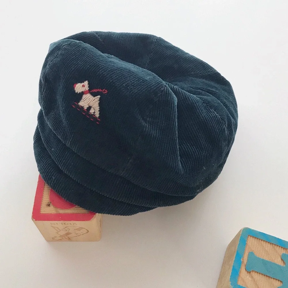 Vintage 50s Newsboy Cap‎ Dark Blue Corduroy Embroidered Dog Kids Flat Hat